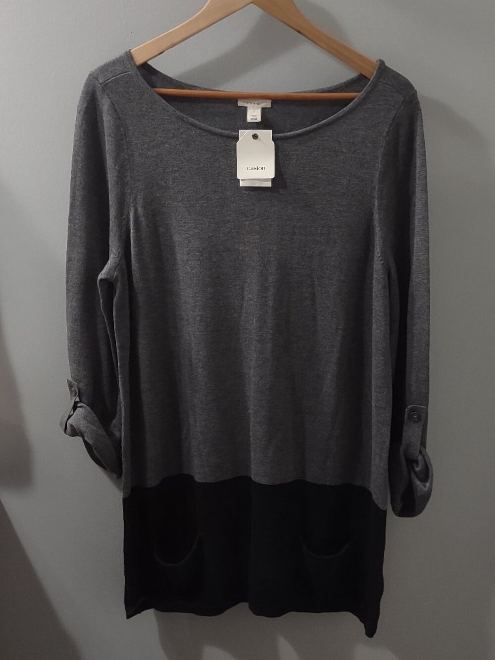 Caslon NWT Gray Black Colorblock Roll Sleeve Tunic Sweater Size Large Nordstrom
